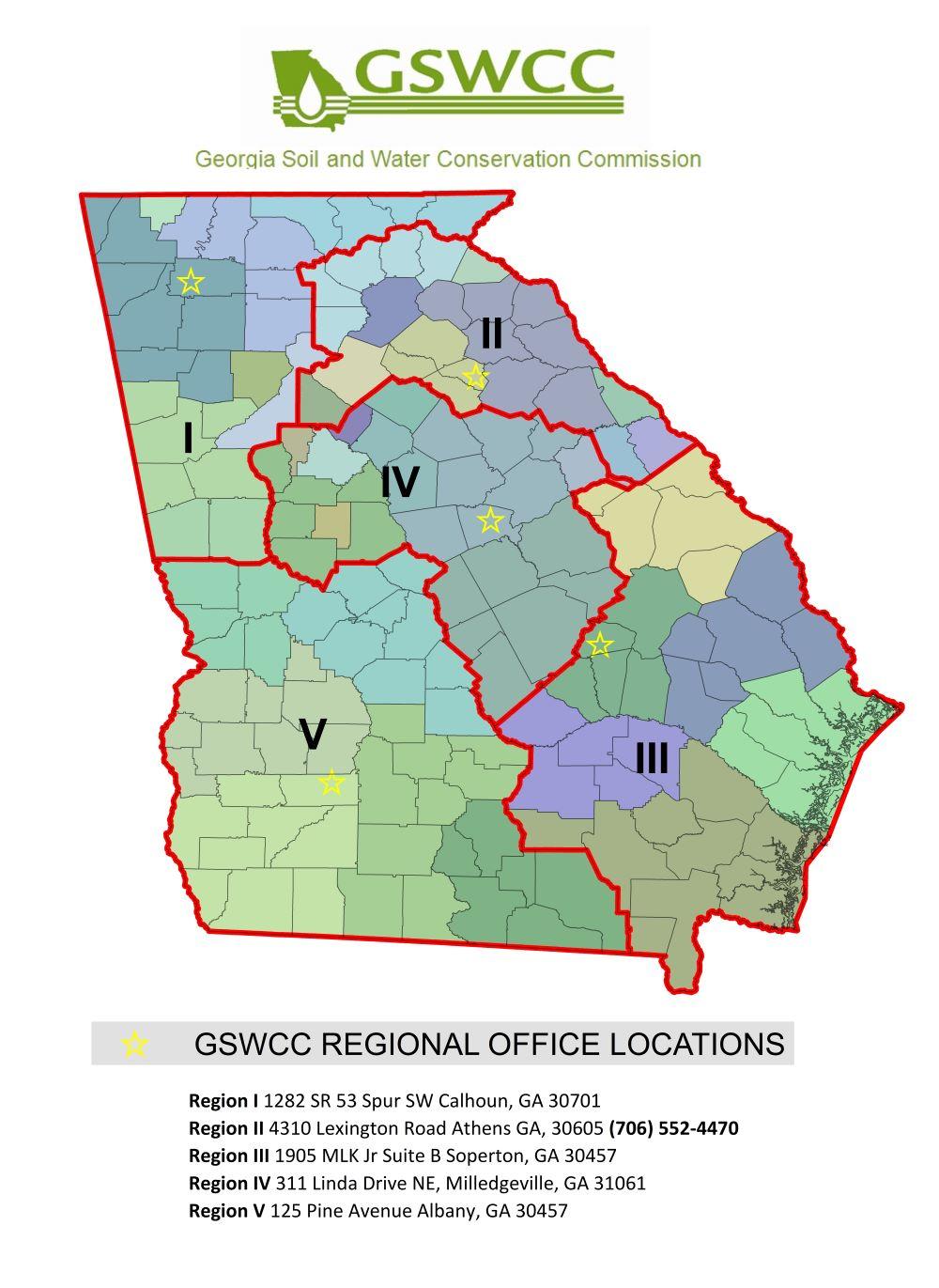 Georgia state map showing the conservation regions along with the regional office locations.