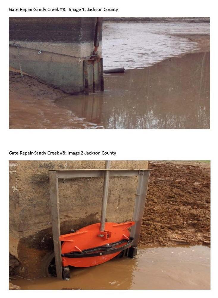 Collection of 2 images that show the before and after gate repair to the Sandy Creek #8 watershed dam.