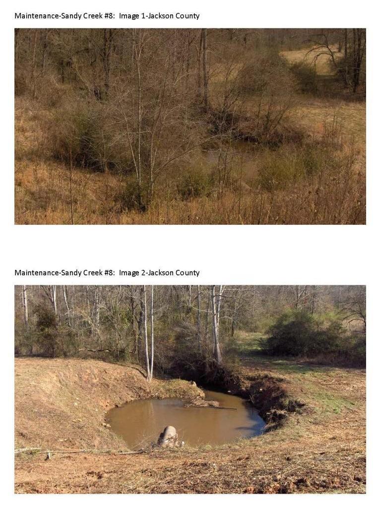 Collection of 2 images that show the before and after maintenance to the Sandy Creek #8 watershed dam spillway.