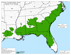 Southeast map highlighting the long leaf pine range areas.