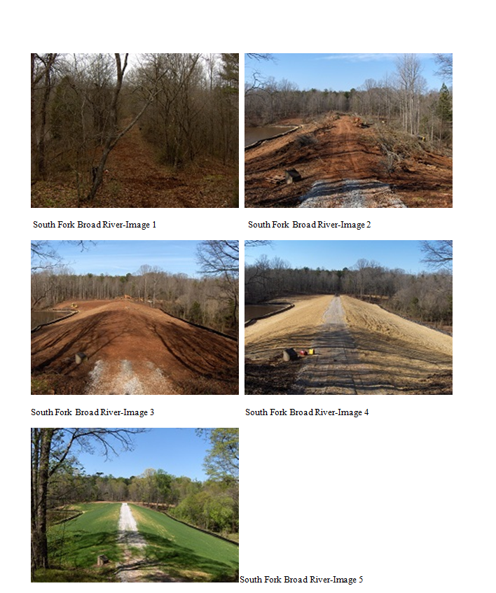 Collection of 5 images showing the before and after maintenance progress on the top of the South Fork Broad River #19 watershed dam.