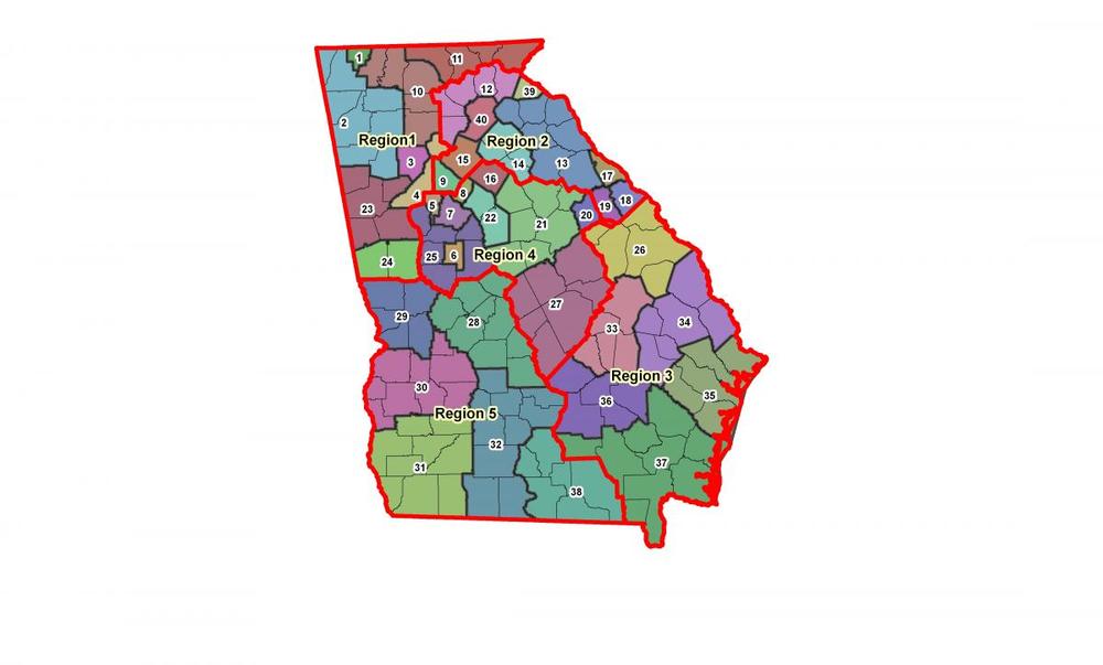 A Georgia map that displays the 5 regions, each region with its own conservation districts.