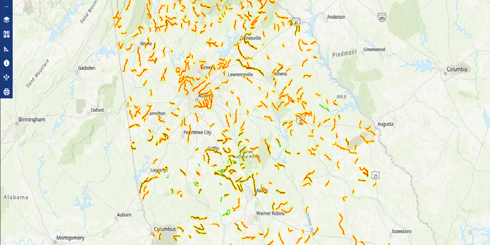 Georgia map that shows 2020 GA Biota Impaired Waters with 1 mile buffer.
